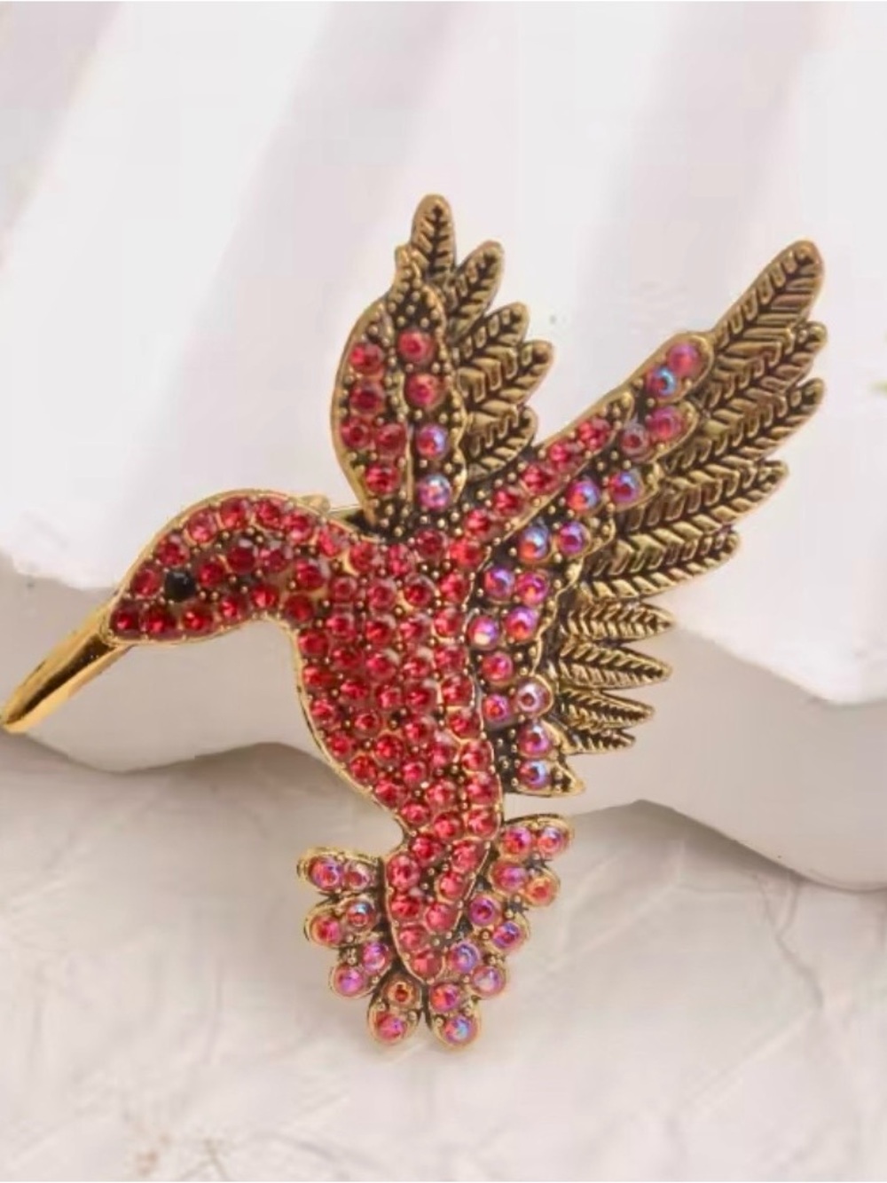 Vibrant Red Rhinestone Hummingbird Brooch Pin-Sparkly Bird Jewelry - Picture 3 of 5